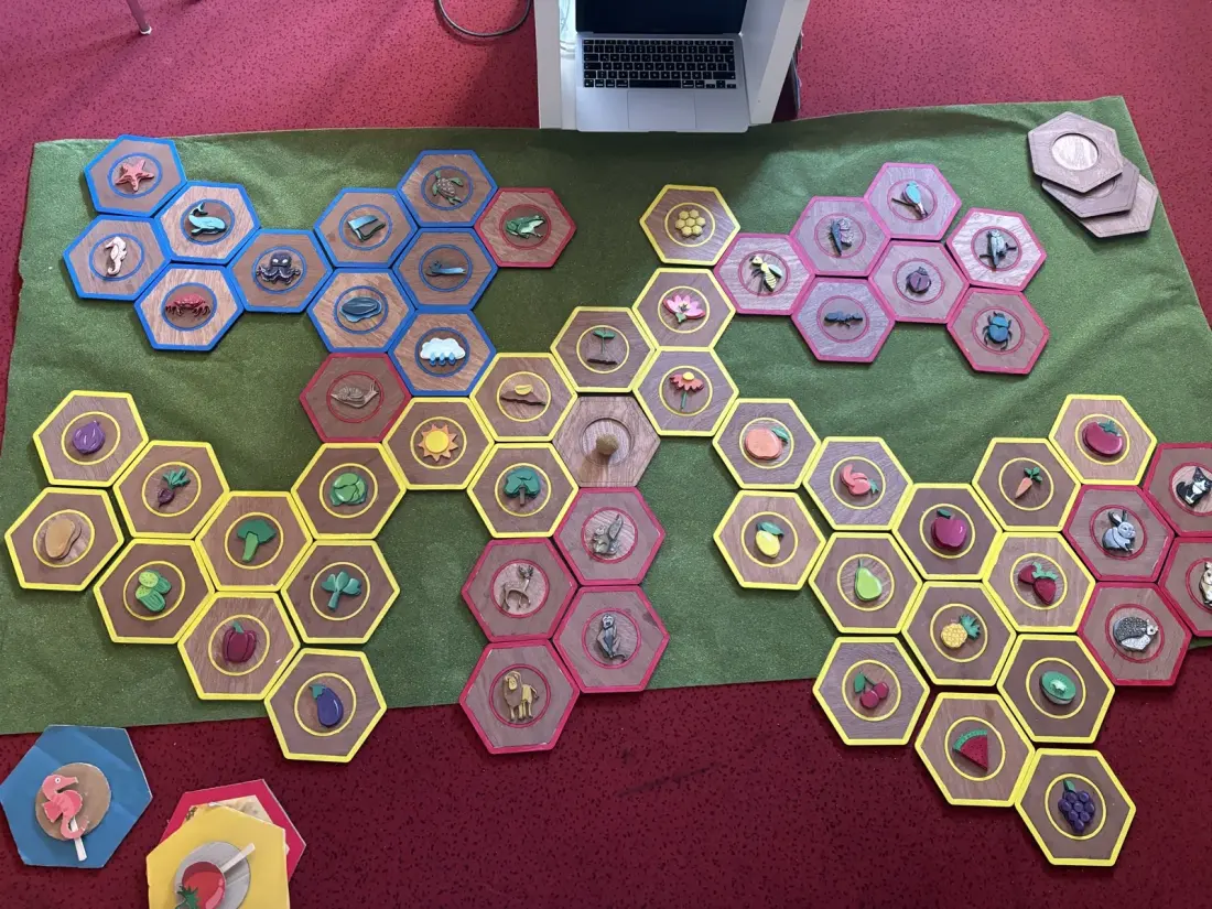 Hexagonal Growing Minds tiles laid out in a branching ecosystem