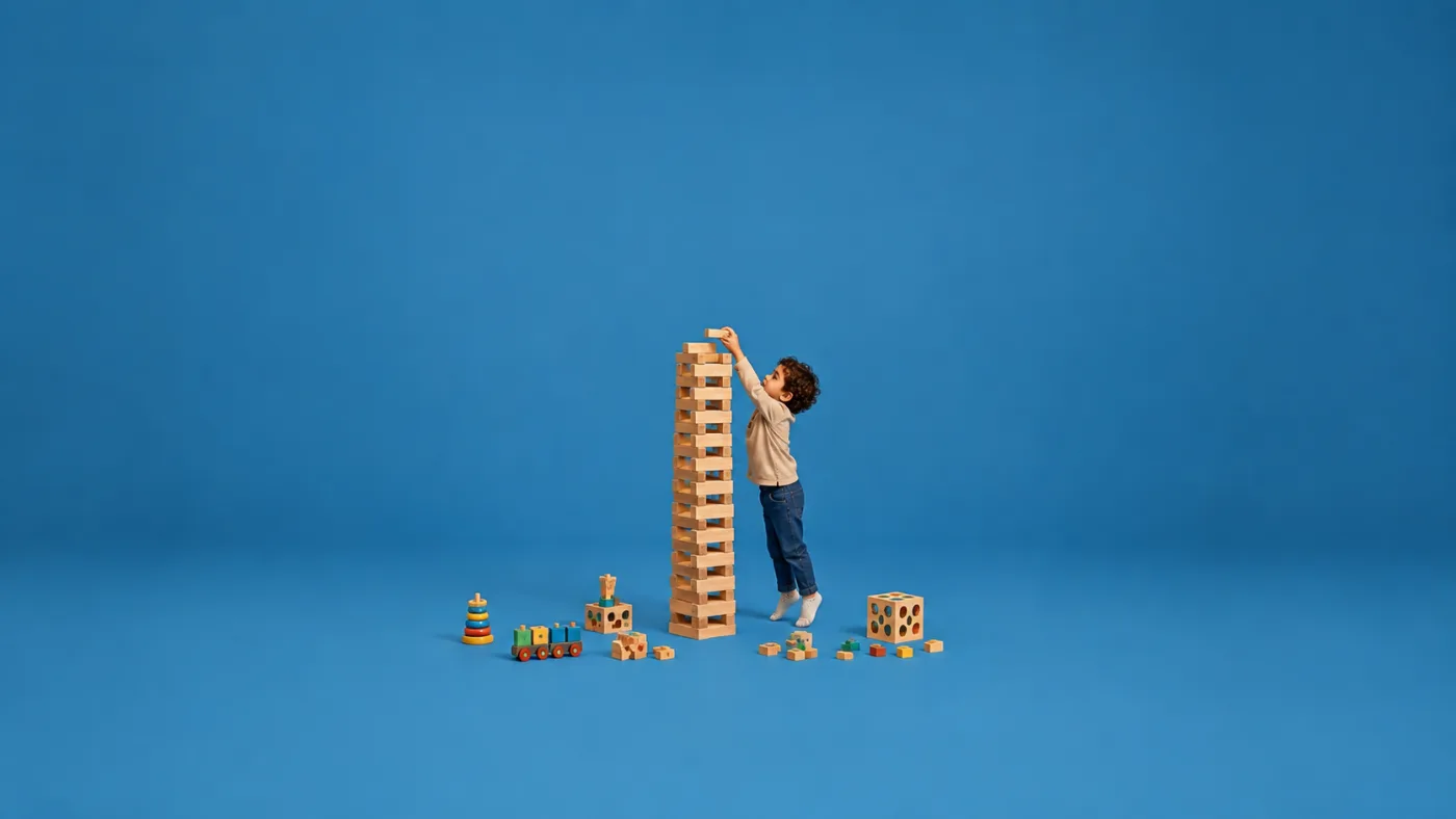 A child stacking a tower of wooden blocks
