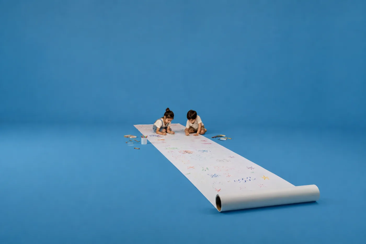 Two children drawing along a long roll of paper