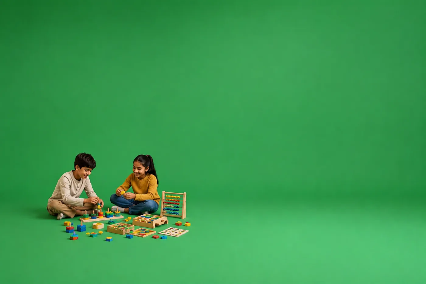 Two children sorting wooden shapes on the floor