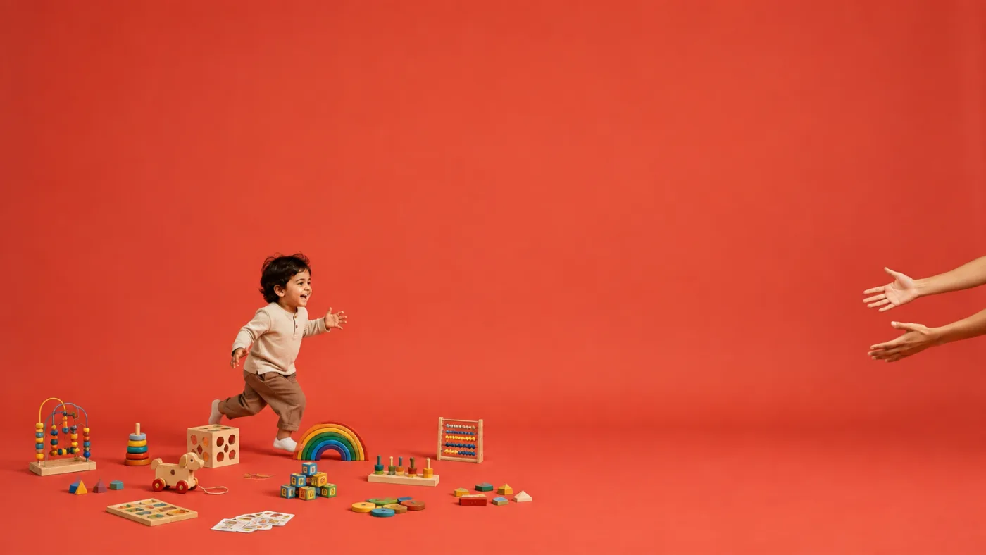 A toddler running past a spread of toys