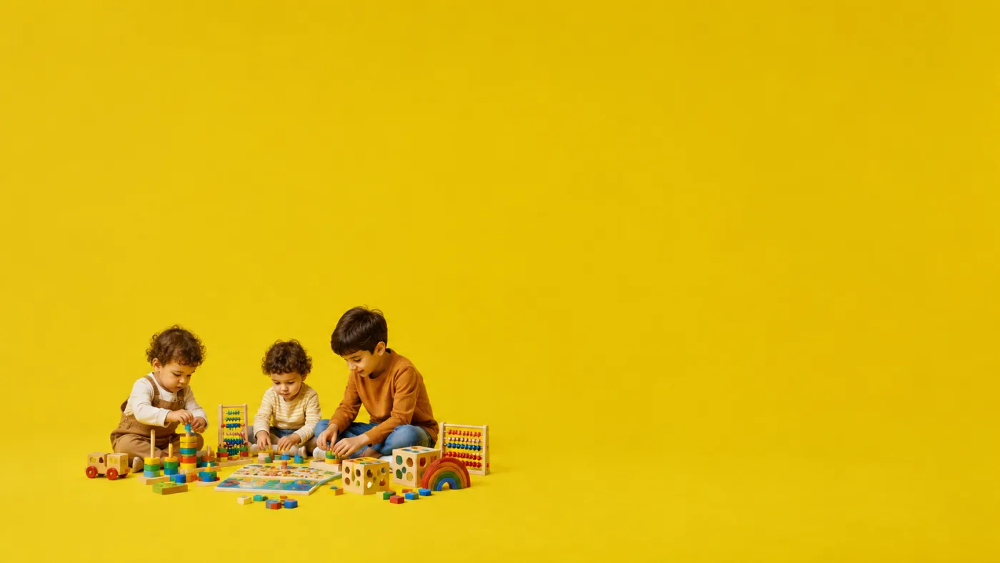 Three children playing with wooden toys side by side
