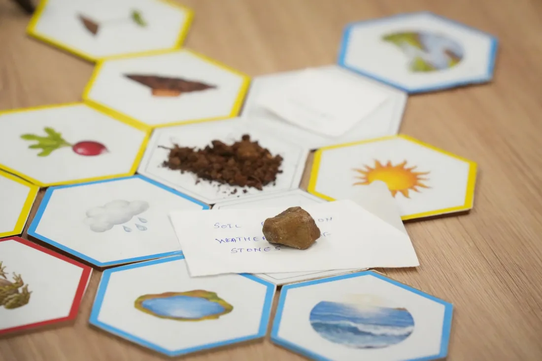 Hexagonal cards laid out with soil, stone and a handwritten label