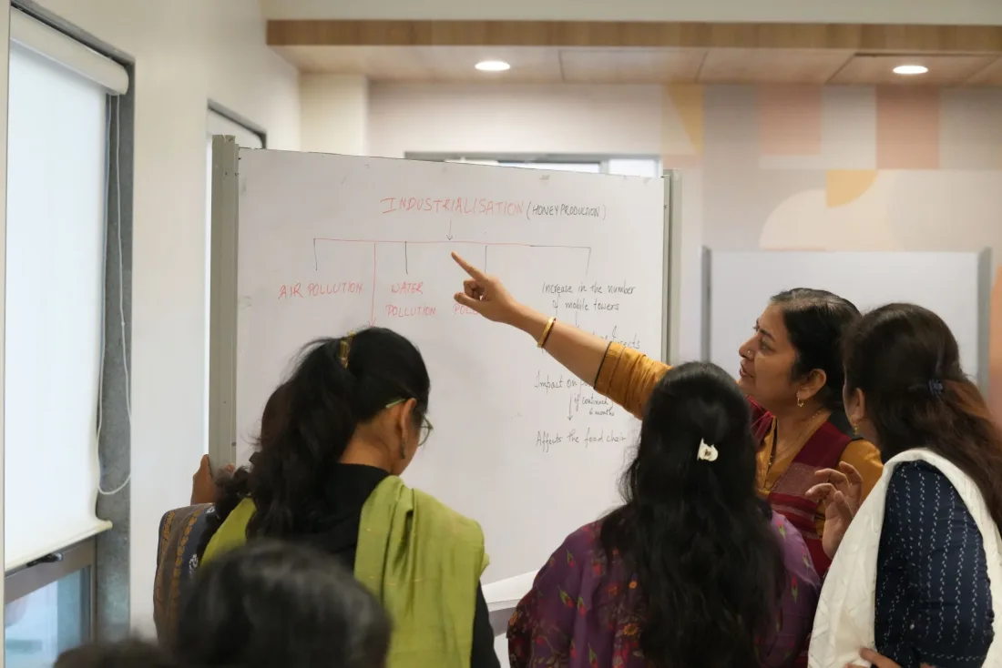 Teachers at a whiteboard tracing industrialisation out to air and water pollution